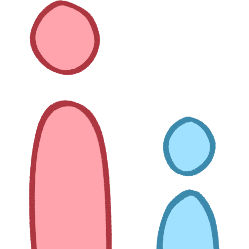 a tall pink figure and a short light blue figure.